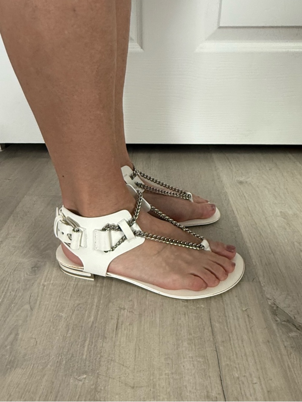 White Chain-Accent Casadei Women's T-Strap Sandals - Picture 5 of 17